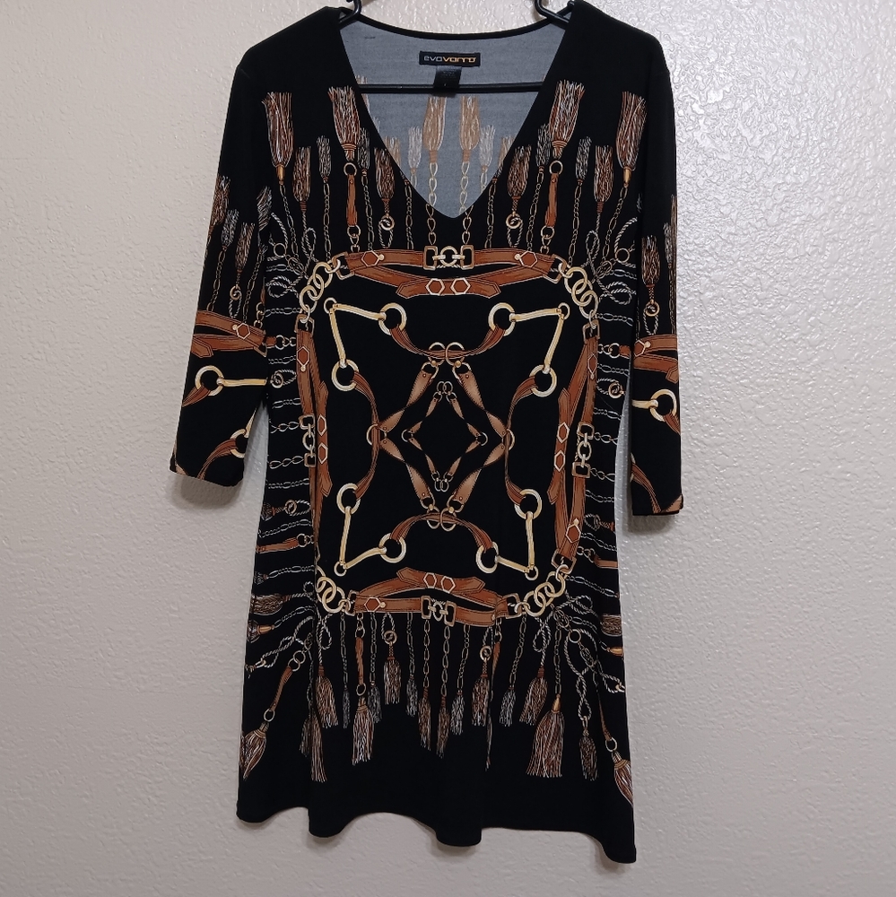 Eva Varro Black‎ Brown Slinky Knit Chain Status Equestrian Print Tunic Top